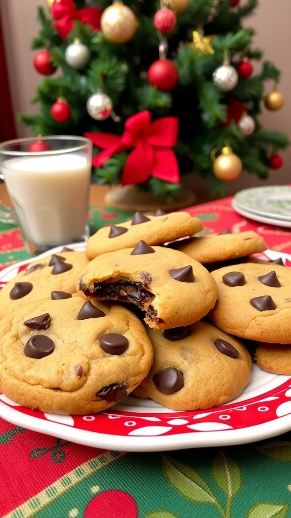 A plate of chocolate chip cookies on a festive table with a glass of milk and a Christmas tree in the background.